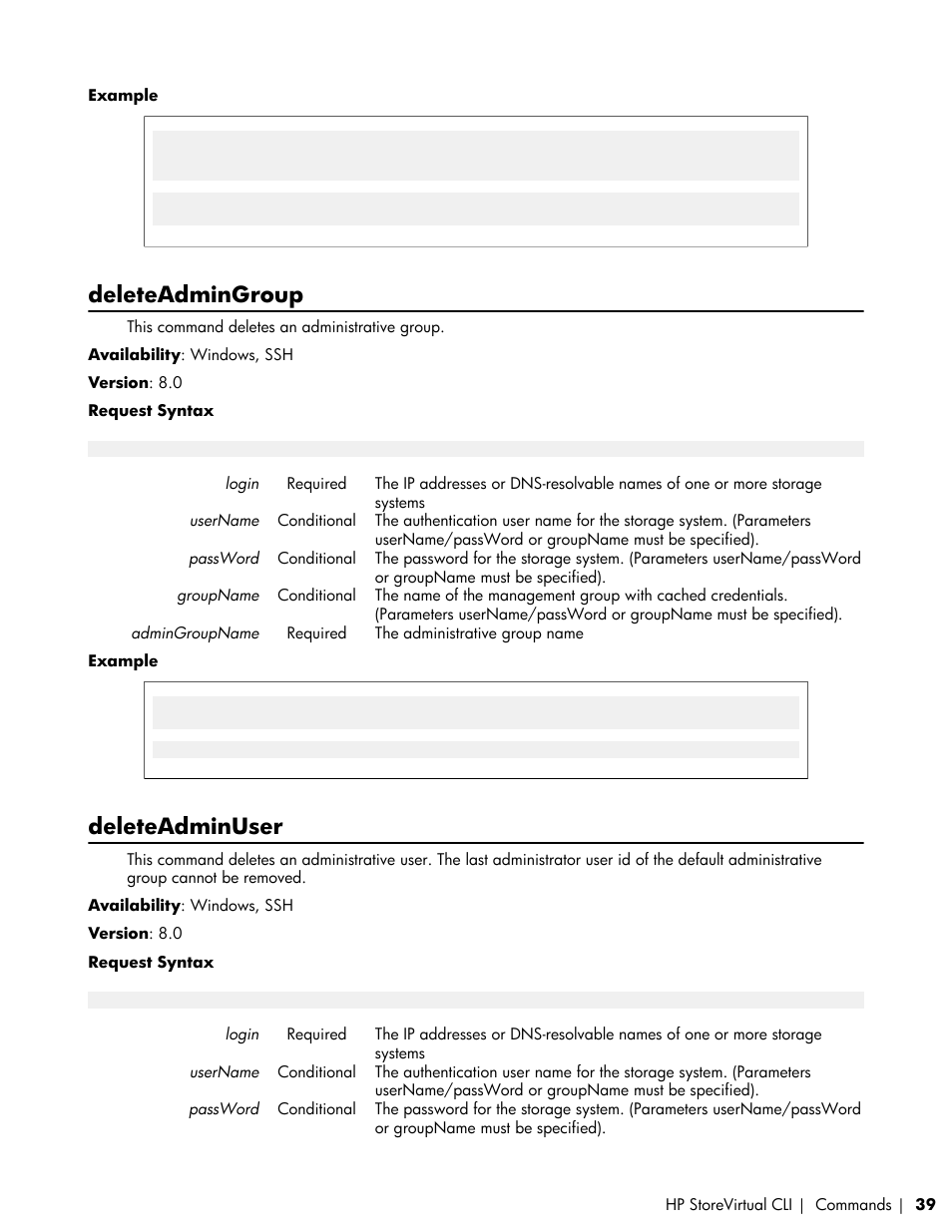 Deleteadmingroup, Deleteadminuser | HP LeftHand P4000 SAN Solutions User Manual | Page 39 / 102