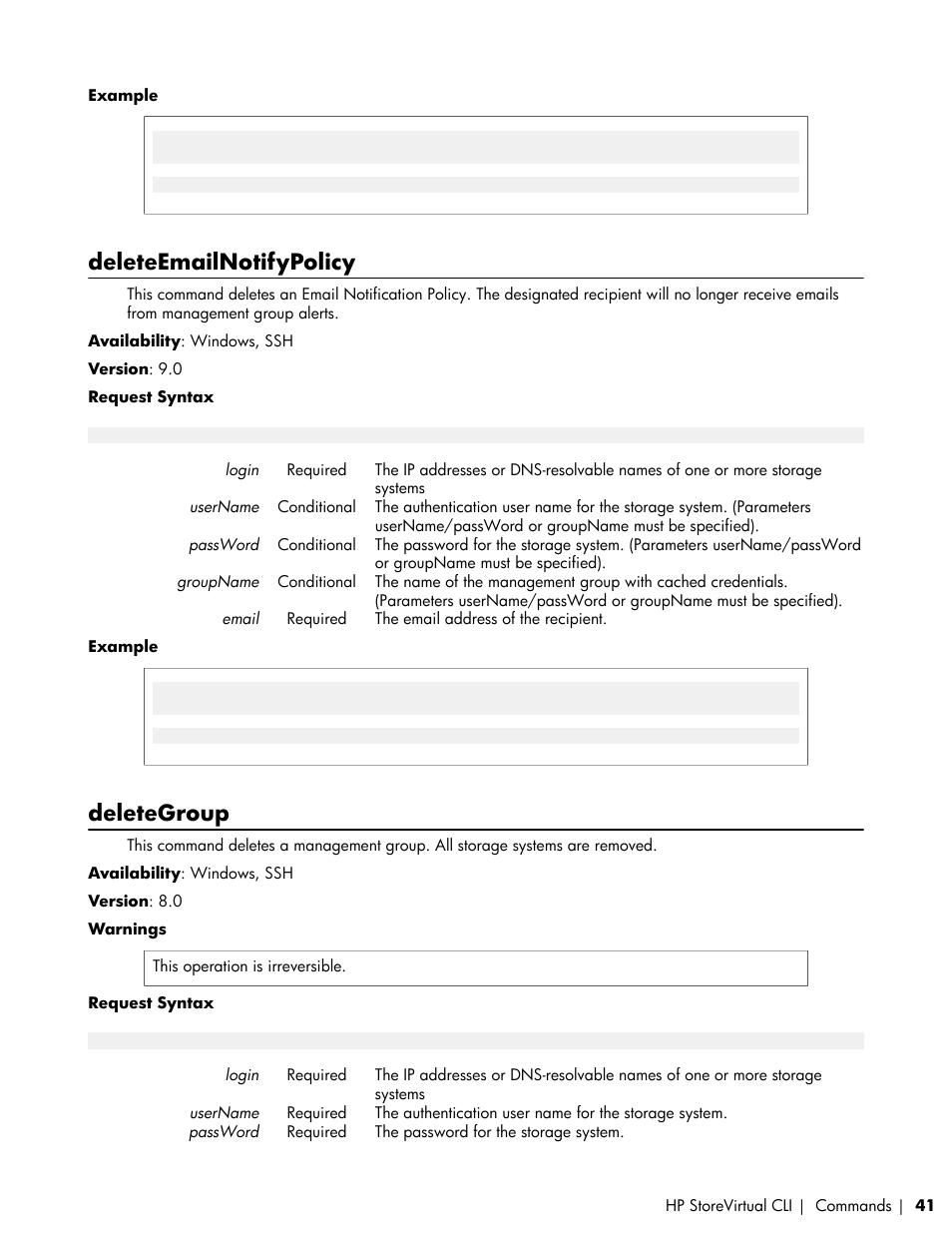 Deleteemailnotifypolicy, Deletegroup | HP LeftHand P4000 SAN Solutions User Manual | Page 41 / 102