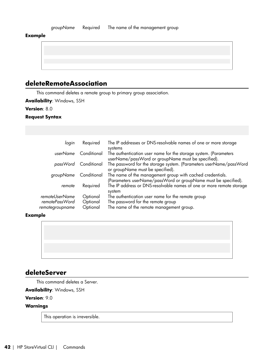 Deleteremoteassociation, Deleteserver | HP LeftHand P4000 SAN Solutions User Manual | Page 42 / 102