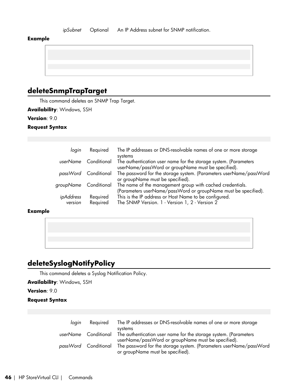 Deletesnmptraptarget, Deletesyslognotifypolicy | HP LeftHand P4000 SAN Solutions User Manual | Page 46 / 102