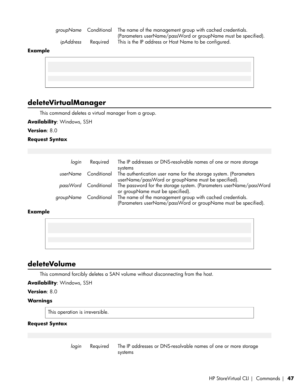 Deletevirtualmanager, Deletevolume | HP LeftHand P4000 SAN Solutions User Manual | Page 47 / 102