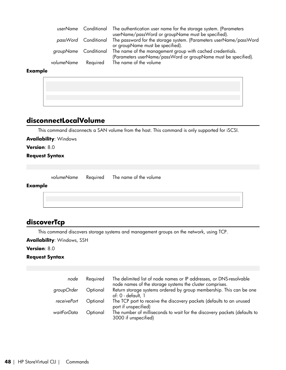 Disconnectlocalvolume, Discovertcp | HP LeftHand P4000 SAN Solutions User Manual | Page 48 / 102