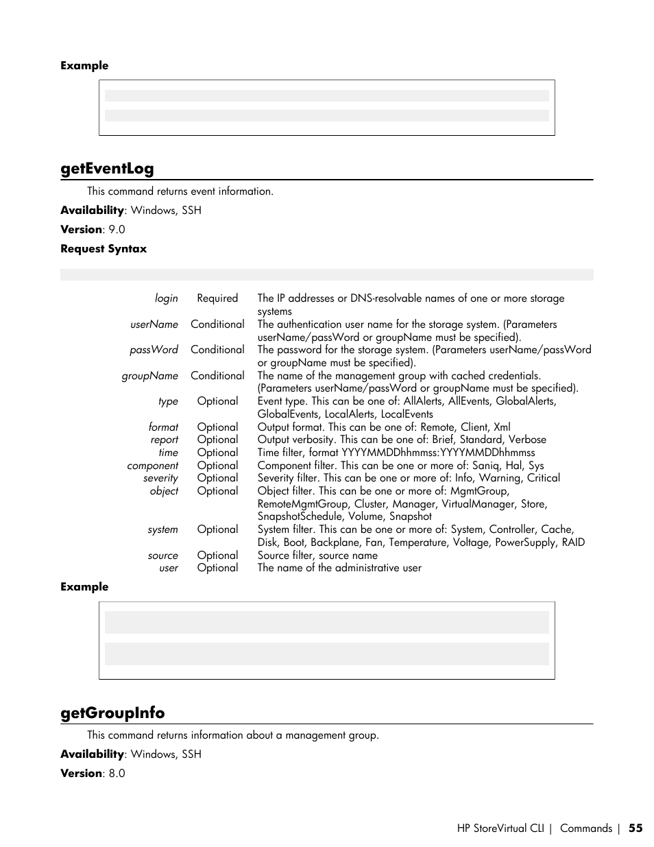 Geteventlog, Getgroupinfo | HP LeftHand P4000 SAN Solutions User Manual | Page 55 / 102