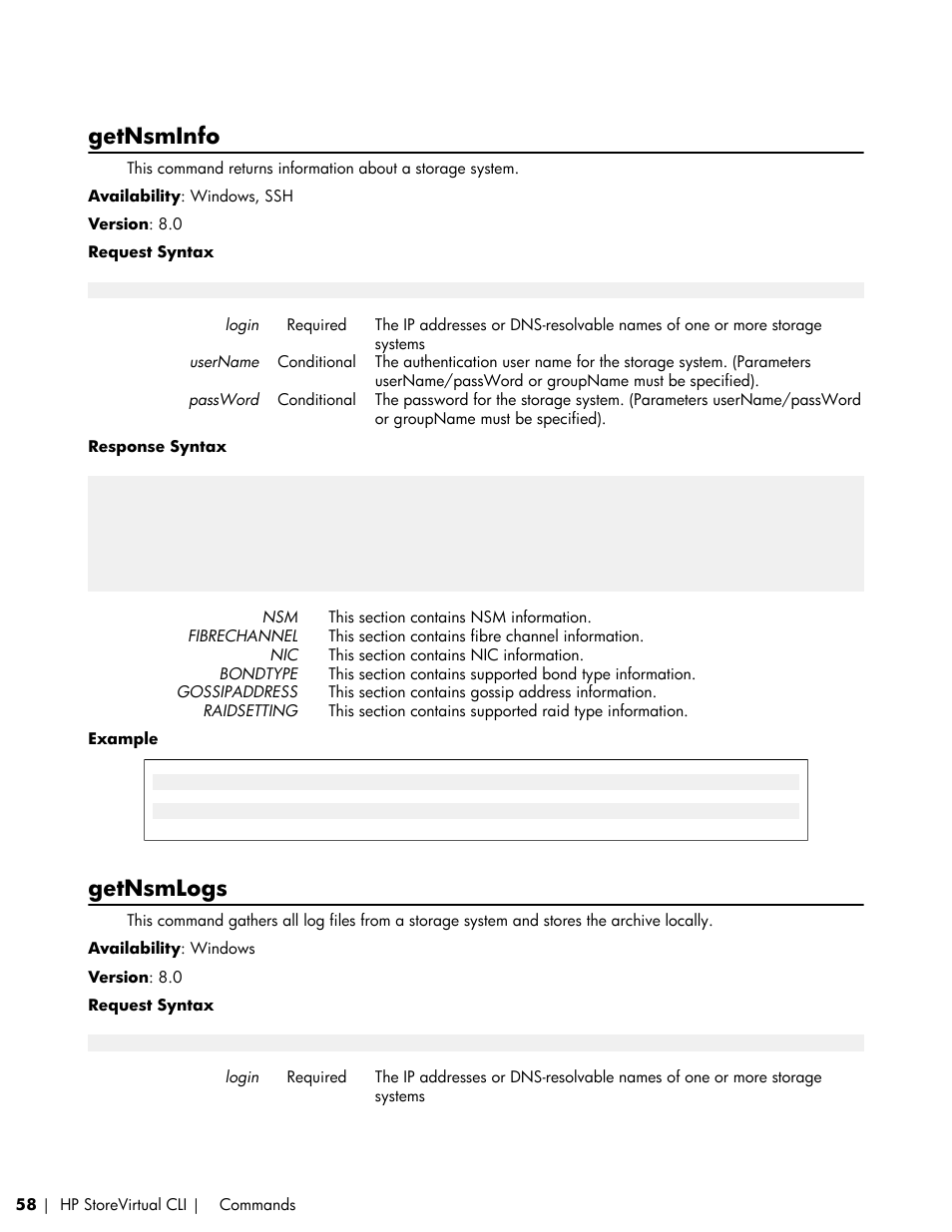 Getnsminfo, Getnsmlogs | HP LeftHand P4000 SAN Solutions User Manual | Page 58 / 102