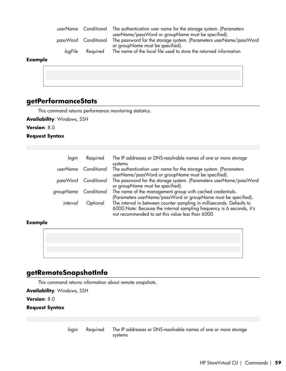 Getperformancestats, Getremotesnapshotinfo | HP LeftHand P4000 SAN Solutions User Manual | Page 59 / 102