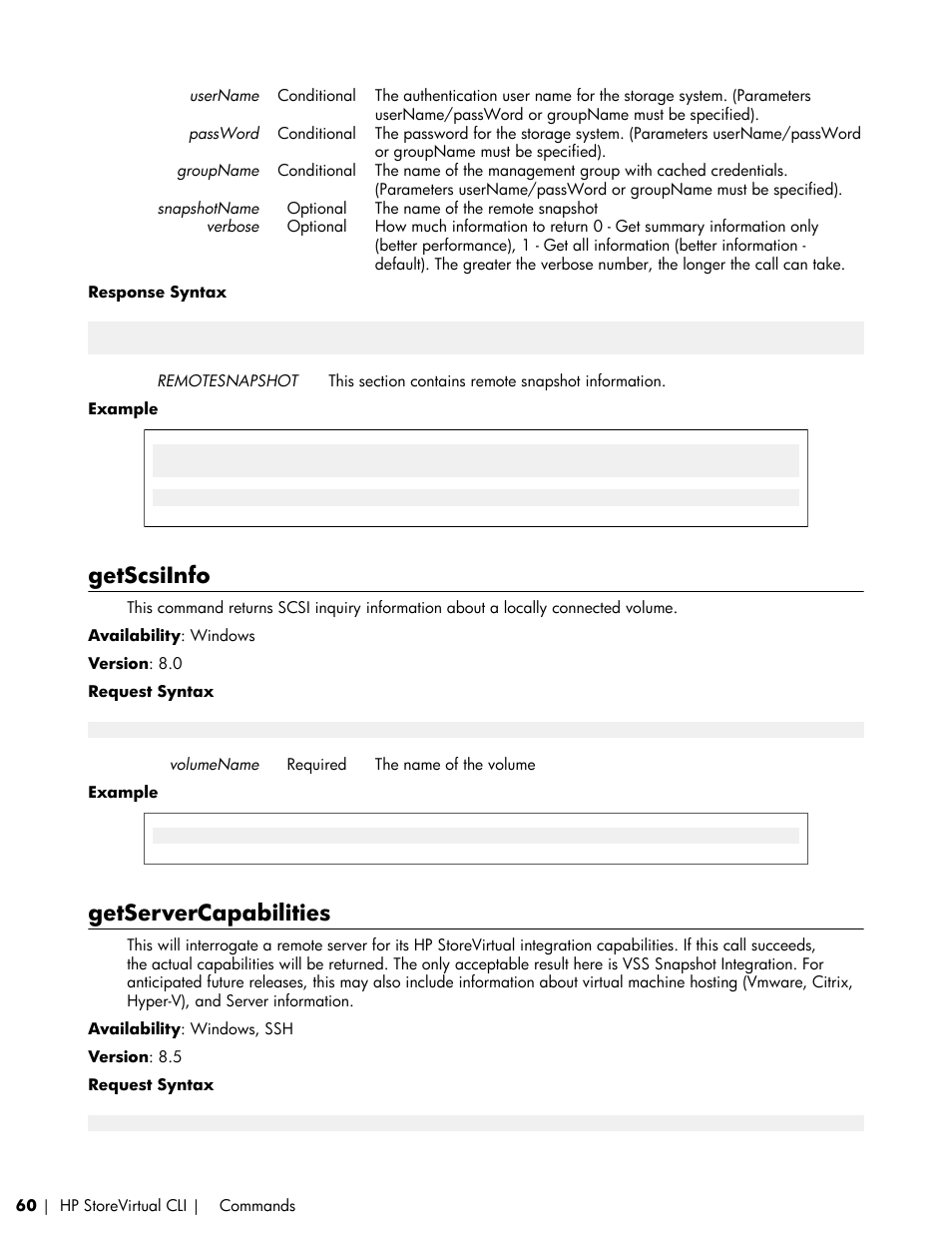 Getscsiinfo, Getservercapabilities | HP LeftHand P4000 SAN Solutions User Manual | Page 60 / 102