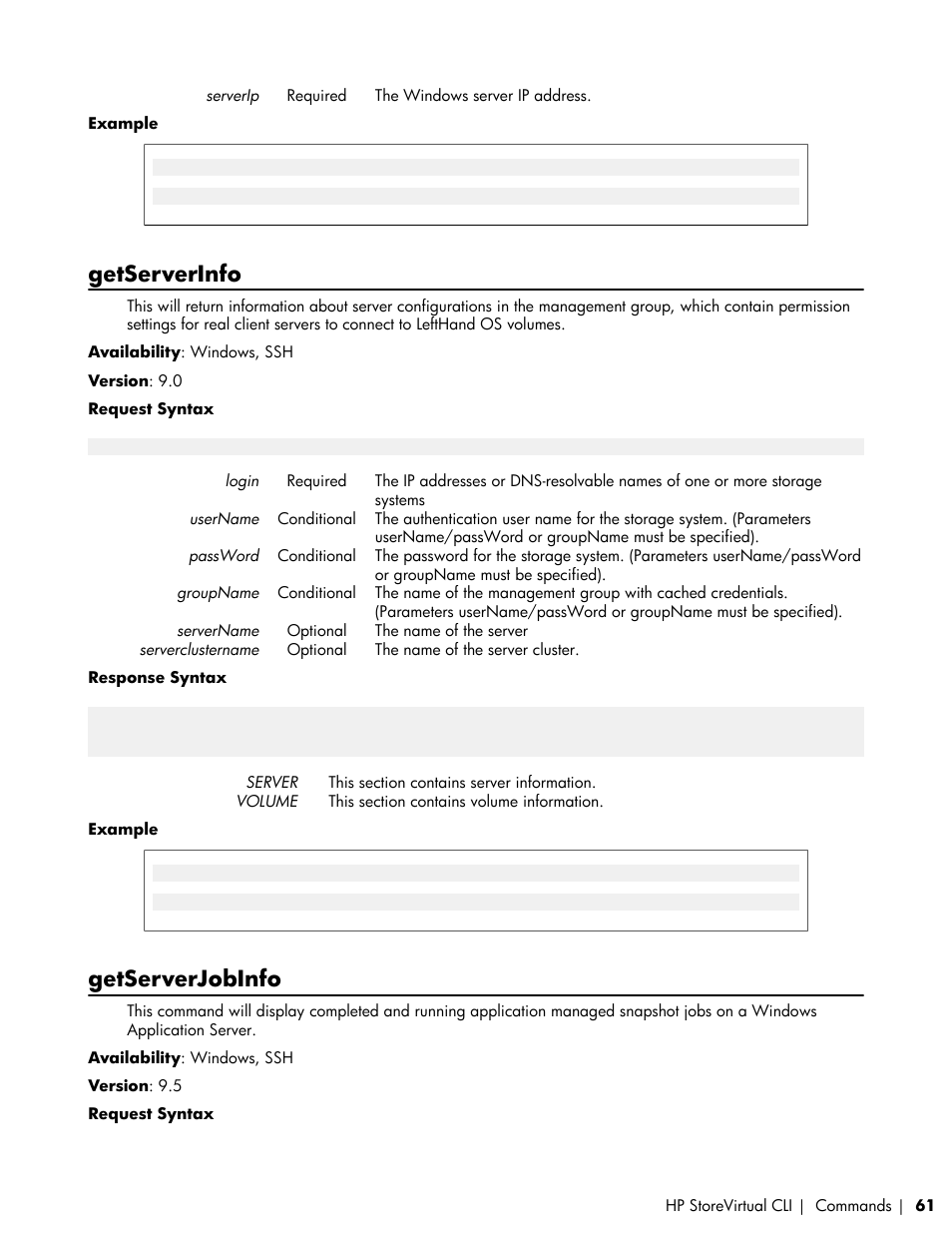 Getserverinfo, Getserverjobinfo | HP LeftHand P4000 SAN Solutions User Manual | Page 61 / 102