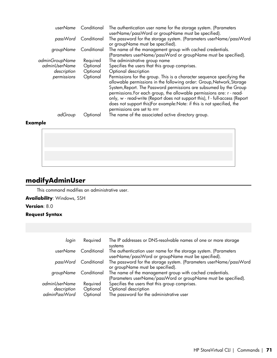Modifyadminuser | HP LeftHand P4000 SAN Solutions User Manual | Page 71 / 102