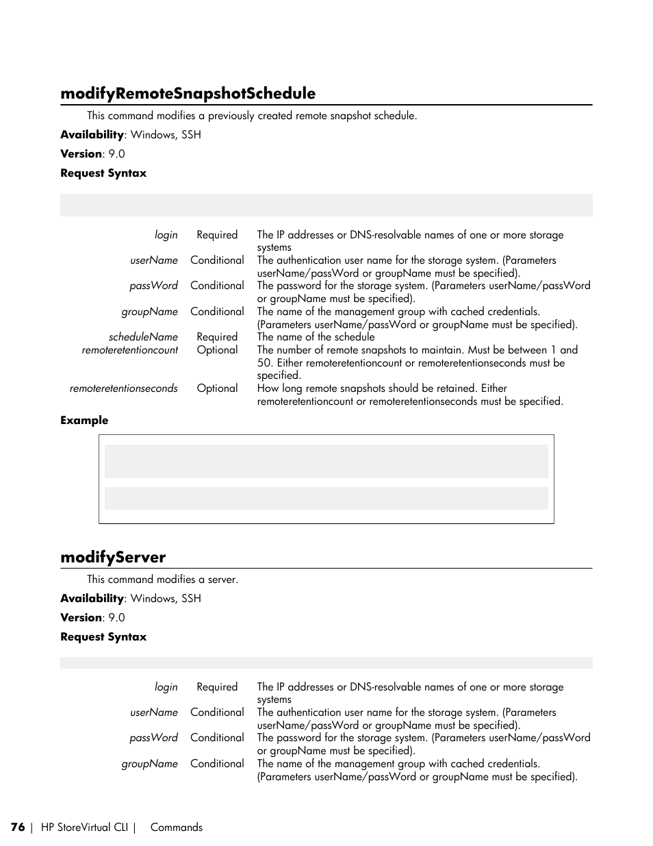 Modifyremotesnapshotschedule, Modifyserver | HP LeftHand P4000 SAN Solutions User Manual | Page 76 / 102