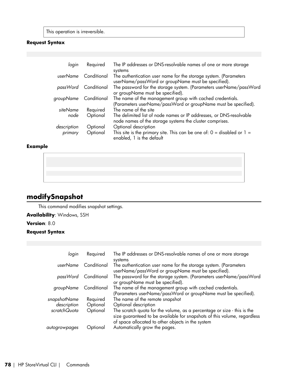 Modifysnapshot | HP LeftHand P4000 SAN Solutions User Manual | Page 78 / 102