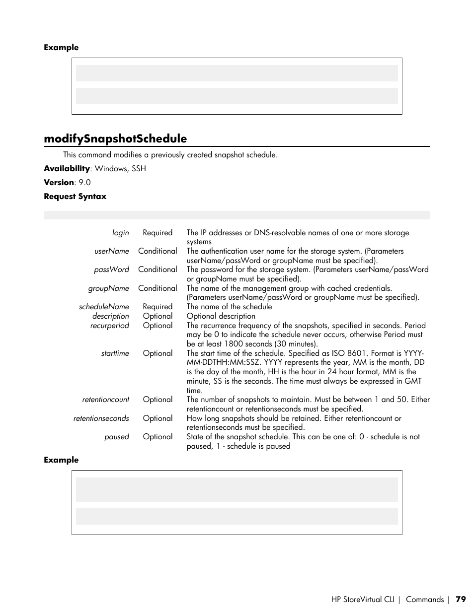 Modifysnapshotschedule | HP LeftHand P4000 SAN Solutions User Manual | Page 79 / 102