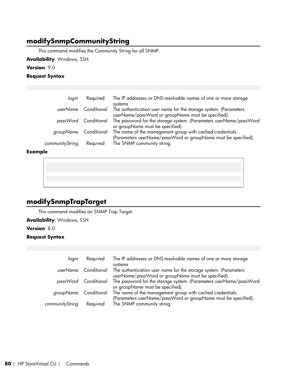 Modifysnmpcommunitystring, Modifysnmptraptarget | HP LeftHand P4000 SAN Solutions User Manual | Page 80 / 102