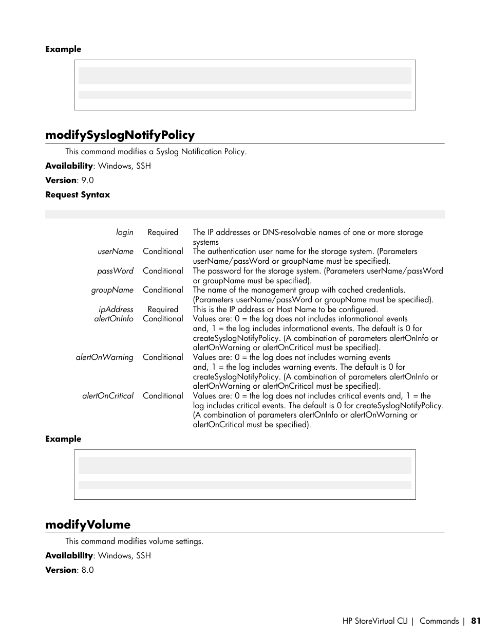 Modifysyslognotifypolicy, Modifyvolume | HP LeftHand P4000 SAN Solutions User Manual | Page 81 / 102