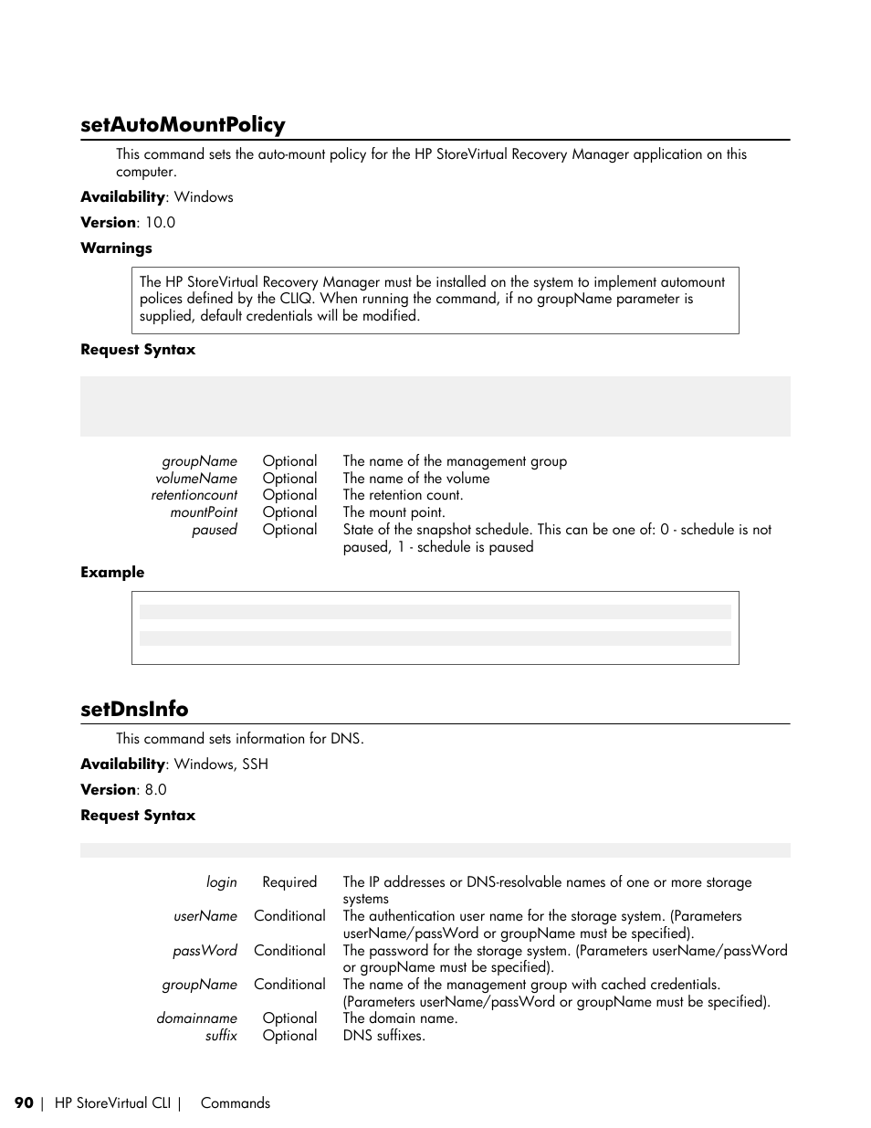 Setautomountpolicy, Setdnsinfo | HP LeftHand P4000 SAN Solutions User Manual | Page 90 / 102