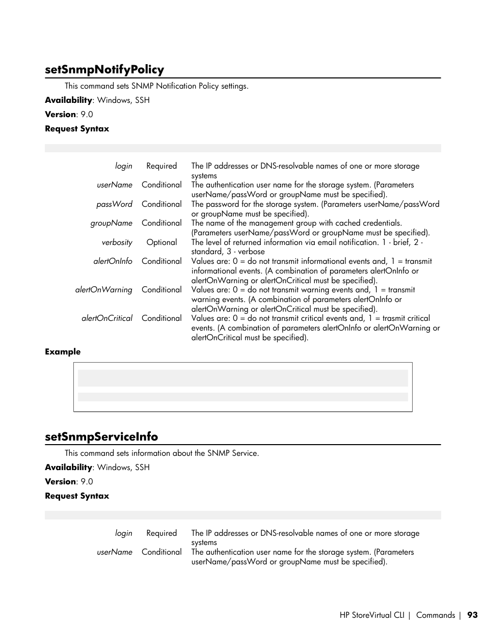 Setsnmpnotifypolicy, Setsnmpserviceinfo | HP LeftHand P4000 SAN Solutions User Manual | Page 93 / 102