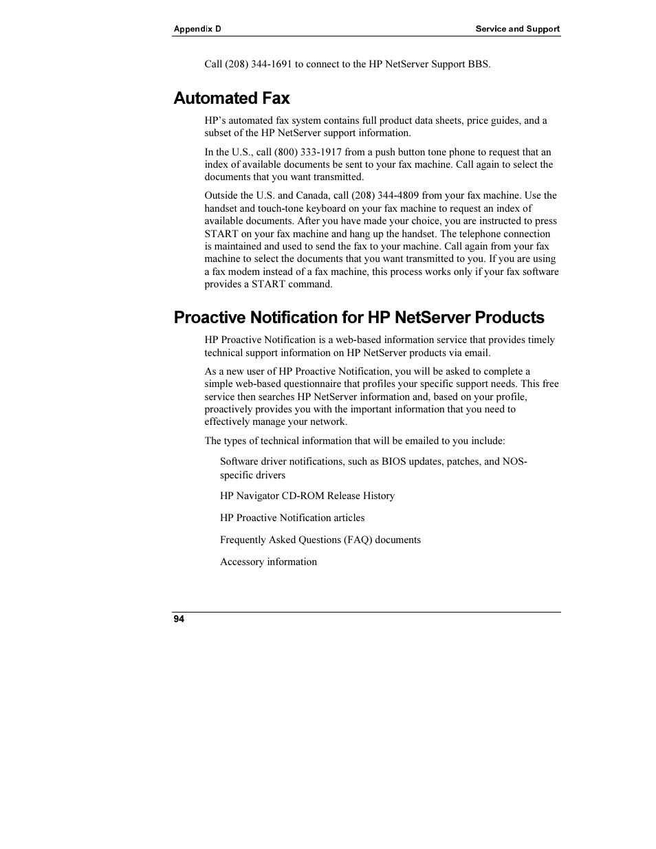 Automated fax, Proactive notification for hp netserver products | HP Netserver L Server series User Manual | Page 100 / 112