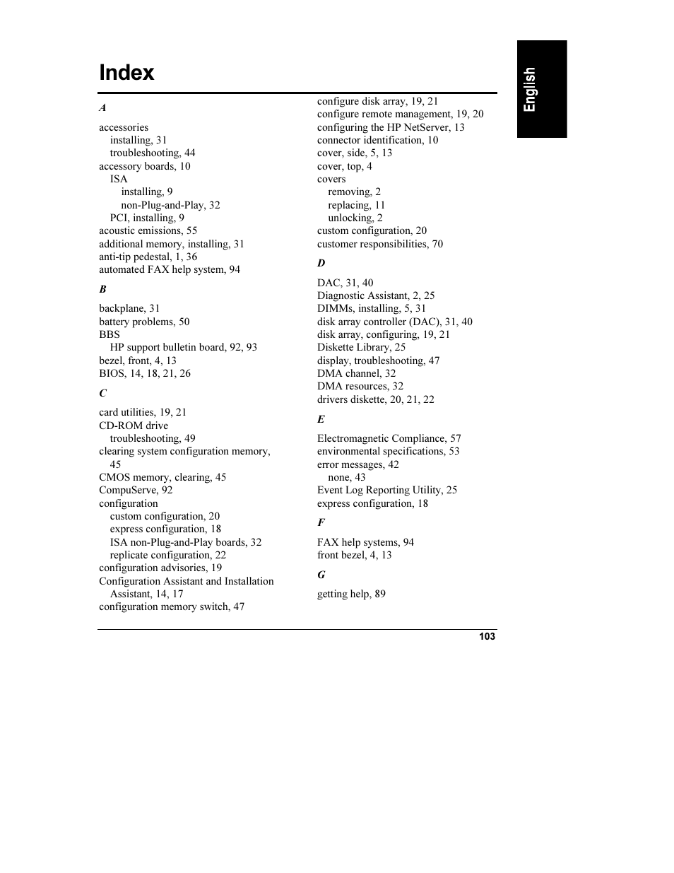 Index | HP Netserver L Server series User Manual | Page 109 / 112