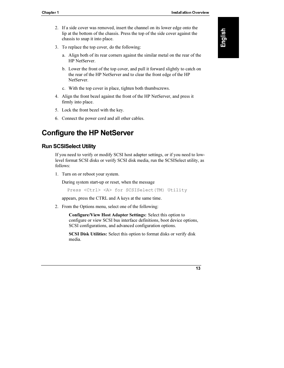 Configure the hp netserver, Run scsiselect utility, Run scsiselectutility | HP Netserver L Server series User Manual | Page 19 / 112