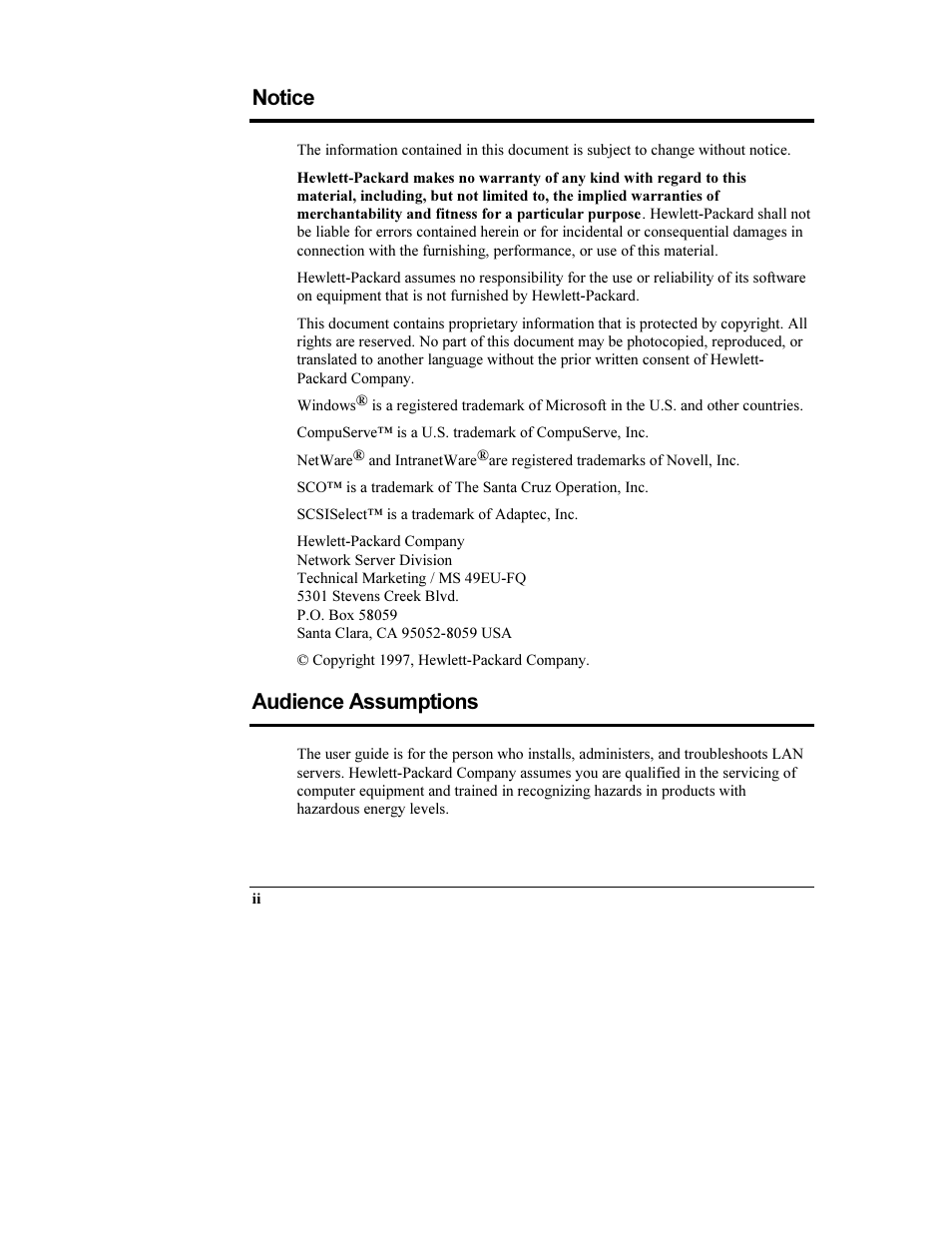 Notice, Audience assumptions | HP Netserver L Server series User Manual | Page 2 / 112