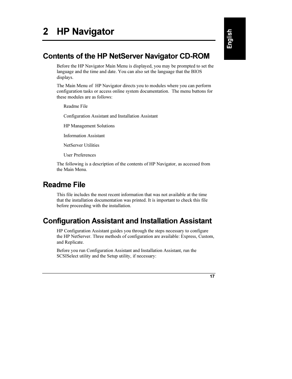 2 hp navigator, Contents of the hp netserver navigator cd-rom, Readme file | Configuration assistant and installation assistant, Contents ofthe hp netserver navigator cd-rom | HP Netserver L Server series User Manual | Page 23 / 112