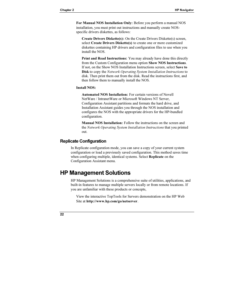 Install nos, Replicate configuration, Hp management solutions | HP Netserver L Server series User Manual | Page 28 / 112