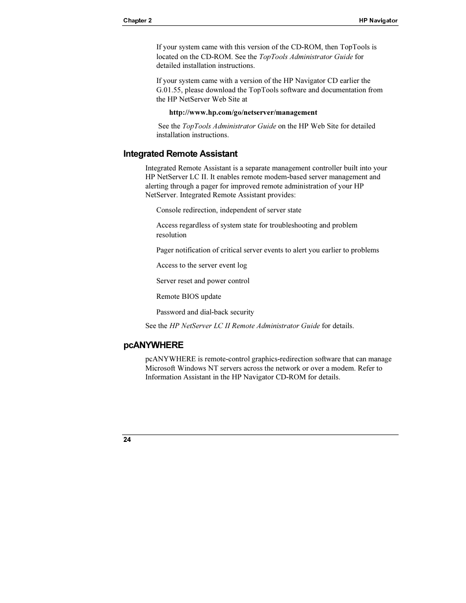 Http://www.hp.com/go/netserver/management, Integrated remote assistant, Pcanywhere | Integrated remoteassistant | HP Netserver L Server series User Manual | Page 30 / 112