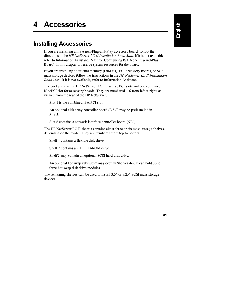 4 accessories, Installing accessories, Accessories | HP Netserver L Server series User Manual | Page 37 / 112