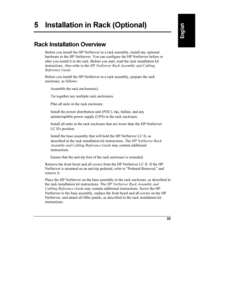 5 installation in rack (optional), Rack installation overview, 1 installation overview | Installation in rack (optional) | HP Netserver L Server series User Manual | Page 41 / 112