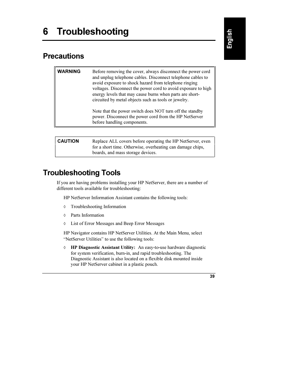 6 troubleshooting, Precautions, Troubleshooting tools | Troubleshooting | HP Netserver L Server series User Manual | Page 45 / 112