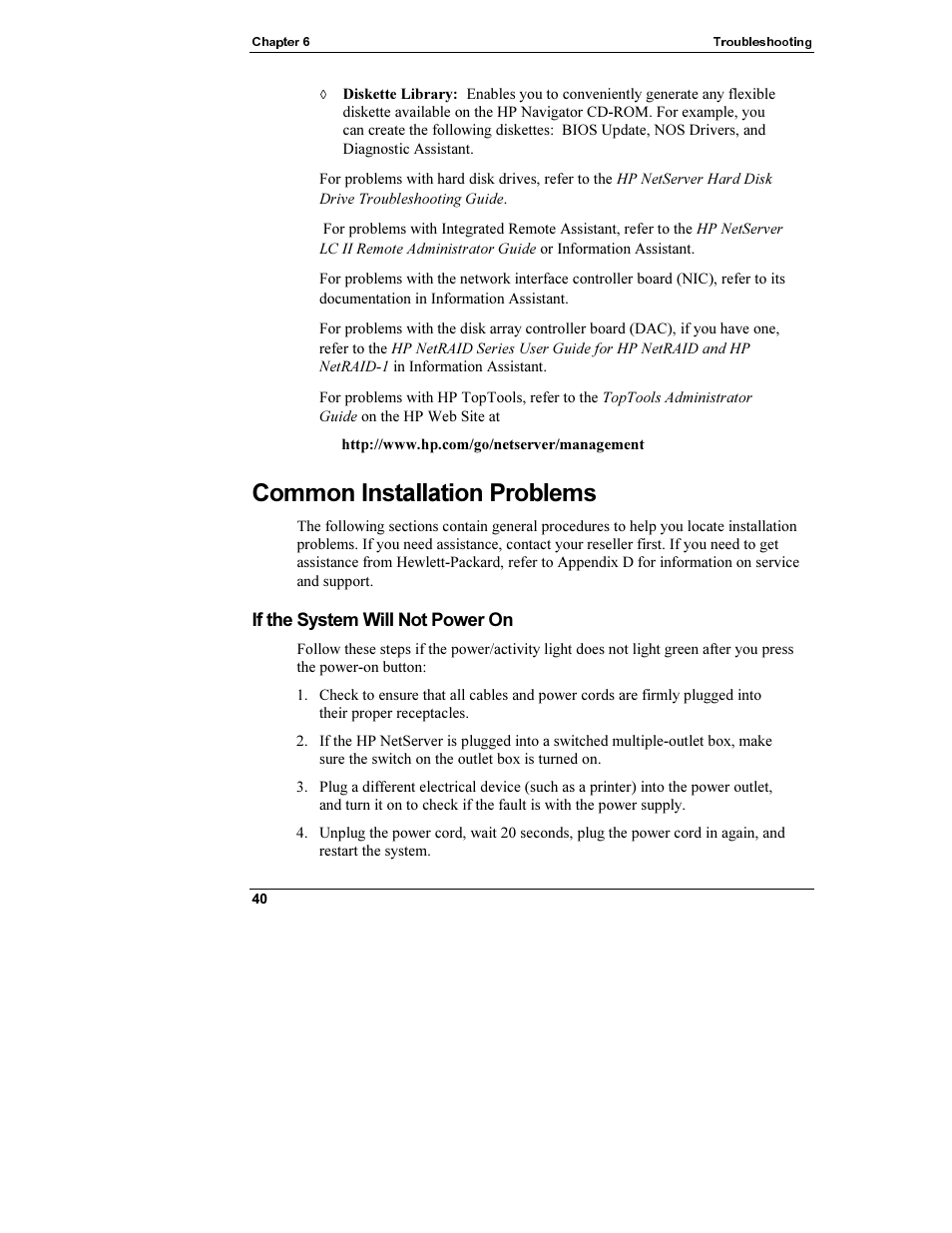 Common installation problems, If the system will not power on | HP Netserver L Server series User Manual | Page 46 / 112