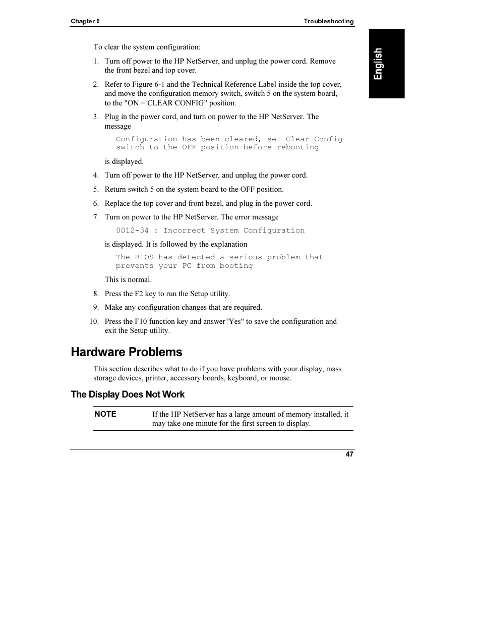 Hardware problems, The display does not work | HP Netserver L Server series User Manual | Page 53 / 112