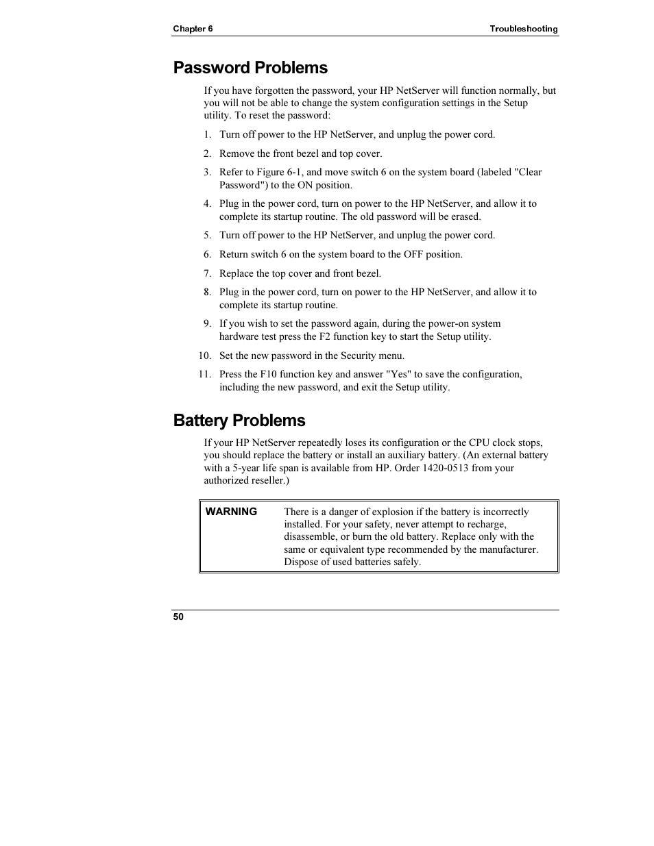 Password problems, Battery problems | HP Netserver L Server series User Manual | Page 56 / 112