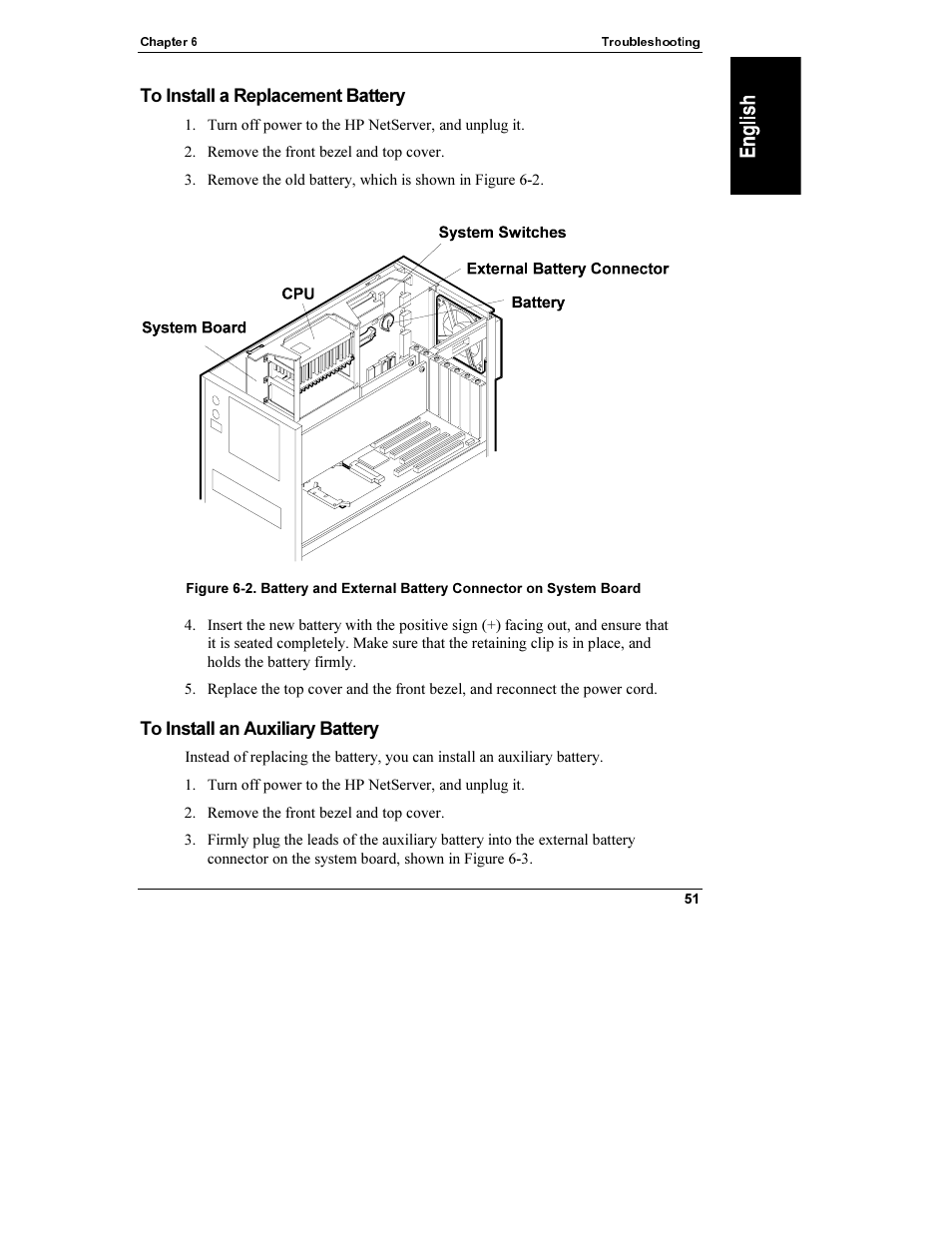 To install a replacement battery, To install an auxiliary battery | HP Netserver L Server series User Manual | Page 57 / 112