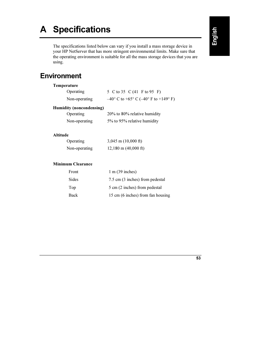 A specifications, Environment, Temperature | Humidity (noncondensing), Altitude, Specifications | HP Netserver L Server series User Manual | Page 59 / 112