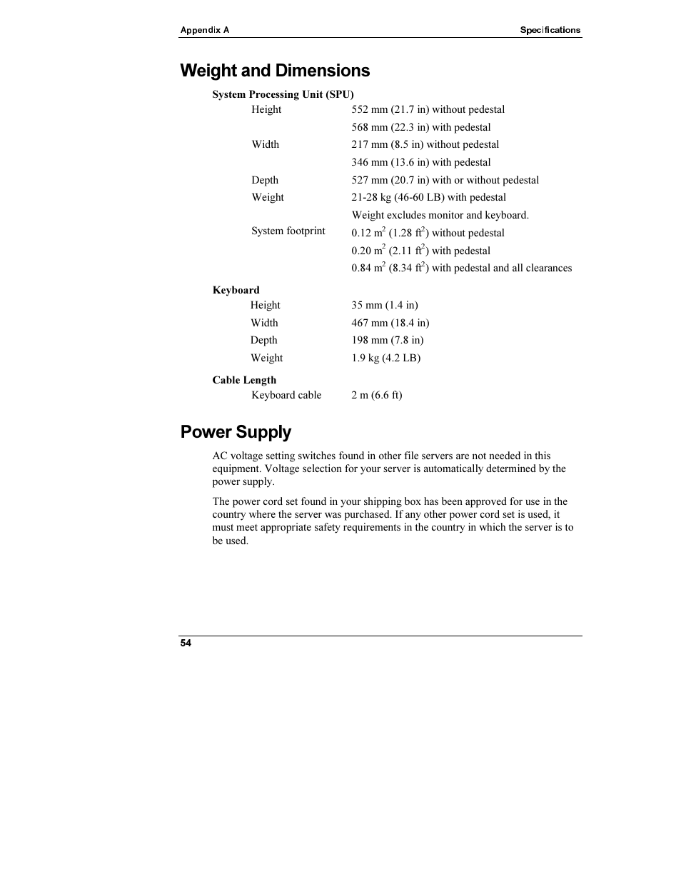 Weight and dimensions, System processing unit (spu), Power supply | HP Netserver L Server series User Manual | Page 60 / 112