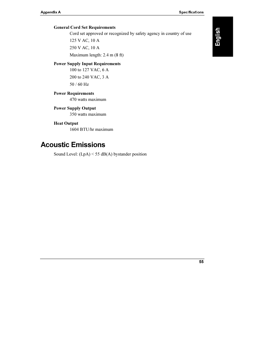 General cord set requirements, Power supply input requirements, Power requirements | Power supply output, Heat output, Acoustic emissions | HP Netserver L Server series User Manual | Page 61 / 112