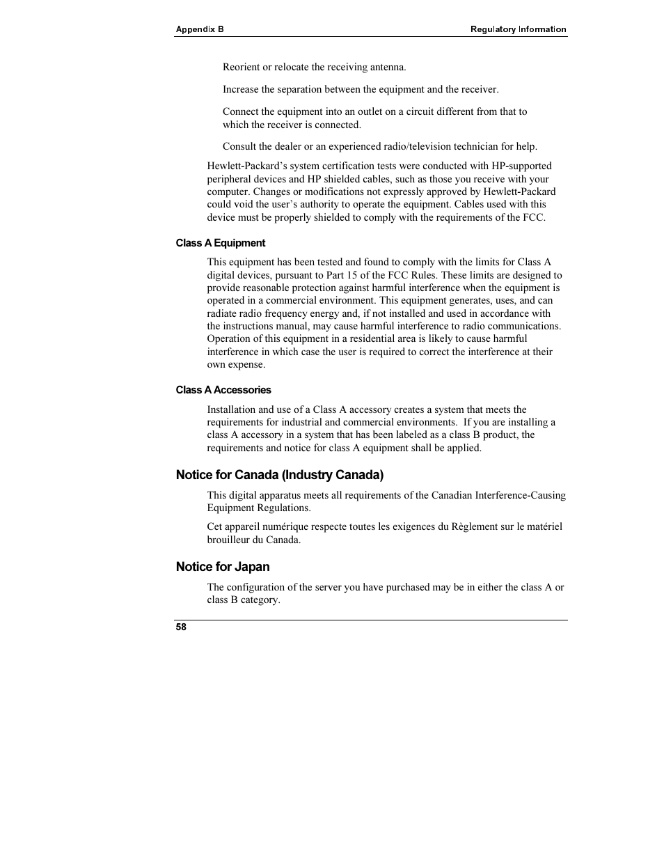 Notice for canada (industry canada), Notice for japan, Noticeforjapan | HP Netserver L Server series User Manual | Page 64 / 112