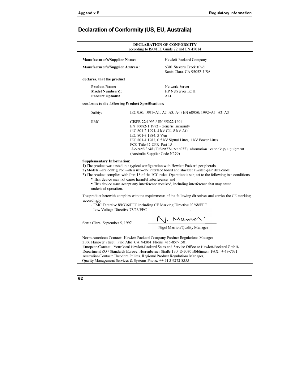 Declaration of conformity (us, eu, australia) | HP Netserver L Server series User Manual | Page 68 / 112