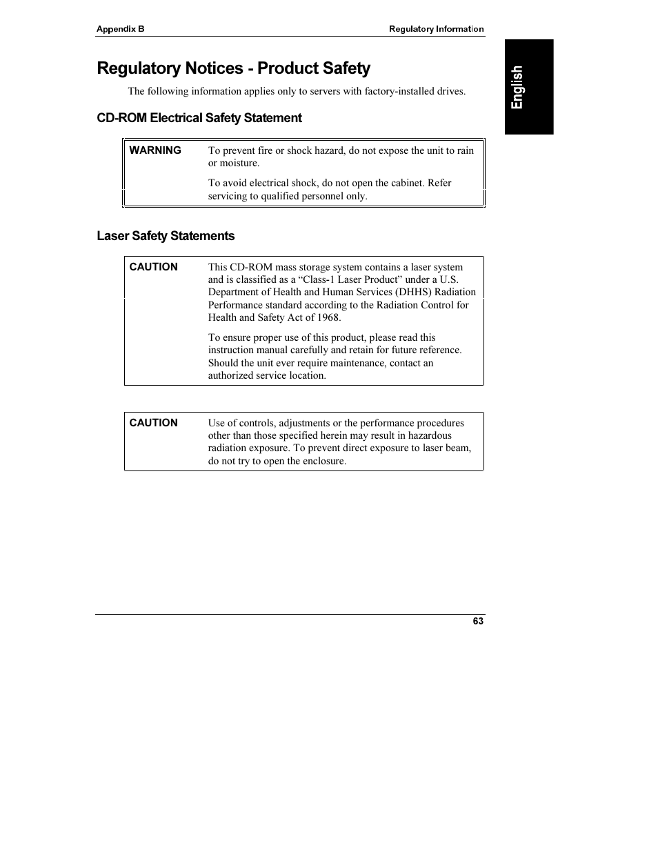 Regulatory notices - product safety, Cd-rom electrical safety statement, Laser safety statements | HP Netserver L Server series User Manual | Page 69 / 112