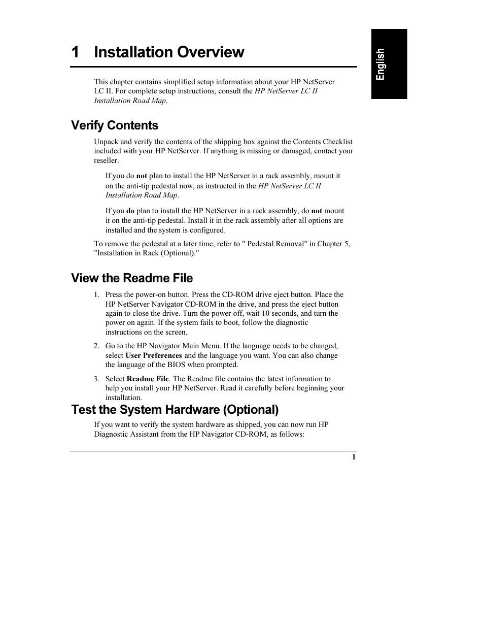 1 installation overview, Verify contents, View the readme file | Test the system hardware (optional), Rack installation overview | HP Netserver L Server series User Manual | Page 7 / 112