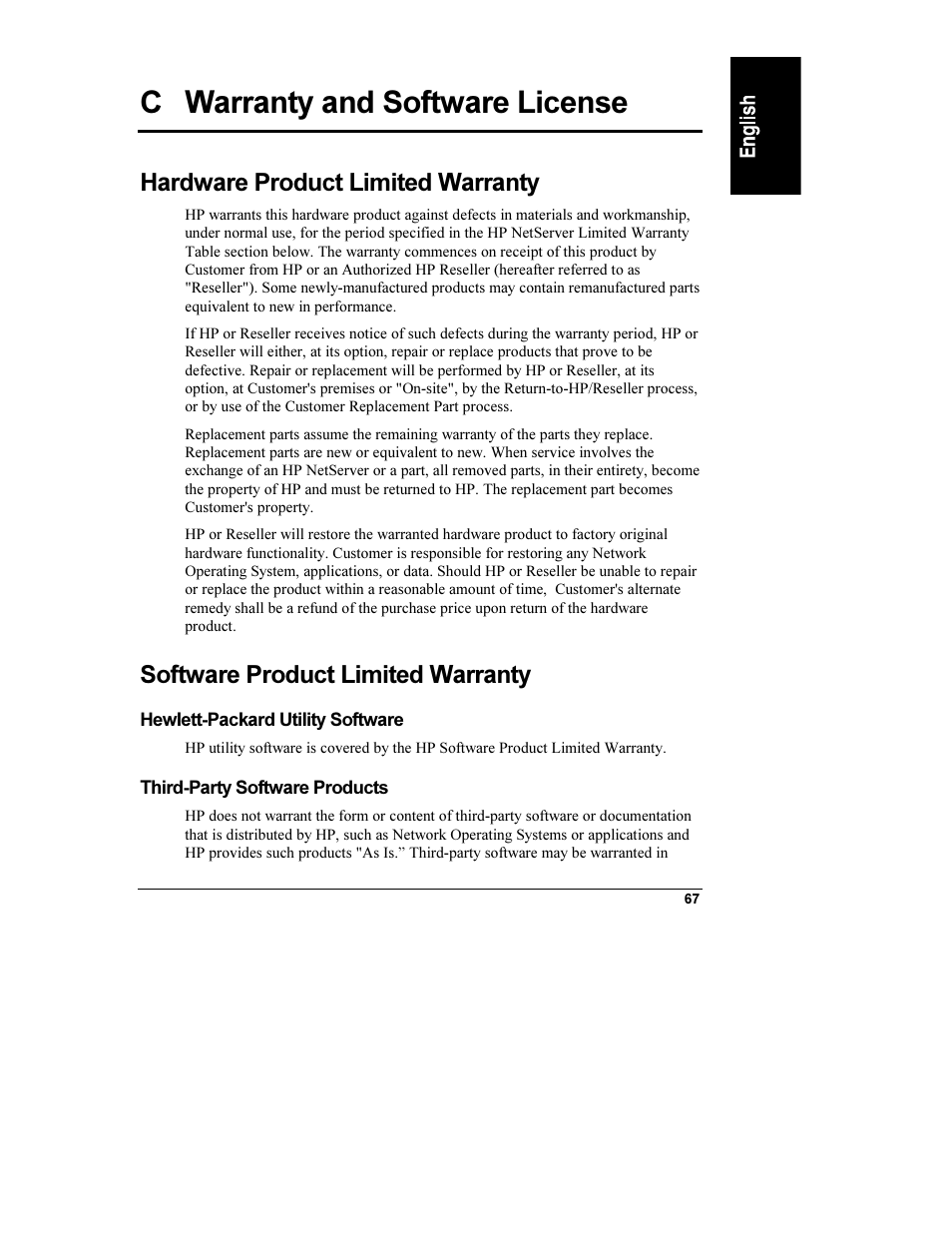 C warranty and software license, Hardware product limited warranty, Software product limited warranty | Hewlett-packard utility software, Third-party software products | HP Netserver L Server series User Manual | Page 73 / 112