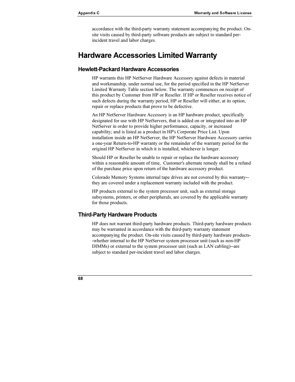 Hardware accessories limited warranty, Hewlett-packard hardware accessories, Third-party hardware products | Hardwareaccessories limited warranty, Hewlett-packard hardwareaccessories | HP Netserver L Server series User Manual | Page 74 / 112