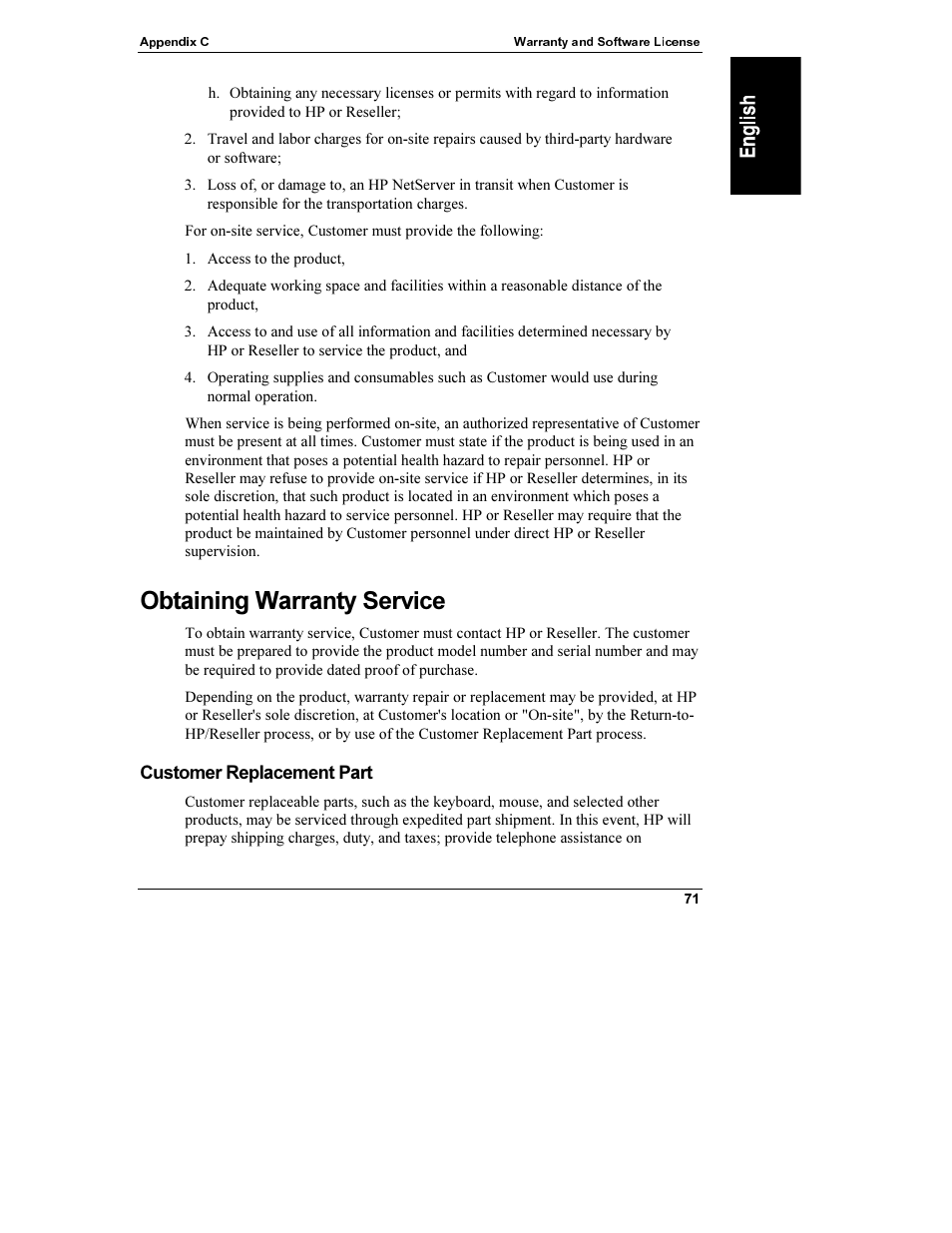 Obtaining warranty service, Customer replacement part | HP Netserver L Server series User Manual | Page 77 / 112