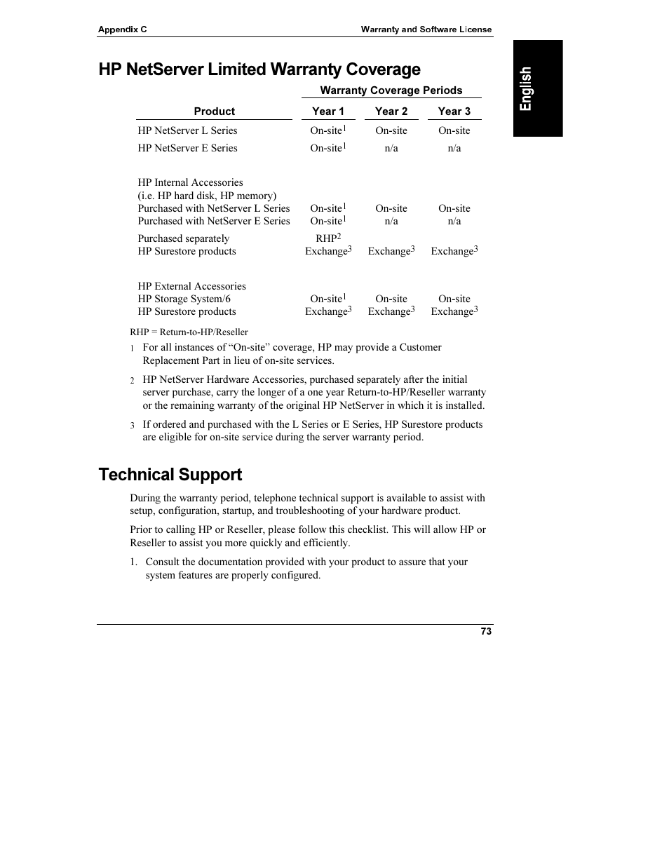 Hp netserver limited warranty coverage, Technical support | HP Netserver L Server series User Manual | Page 79 / 112