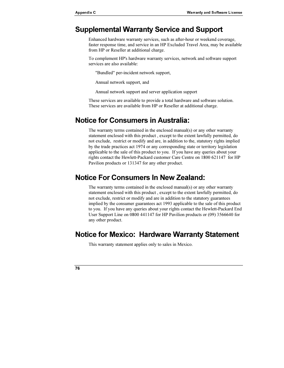 Supplemental warranty service and support, Notice for consumers in australia, Notice for consumers in new zealand | Notice for mexico: hardware warranty statement | HP Netserver L Server series User Manual | Page 82 / 112