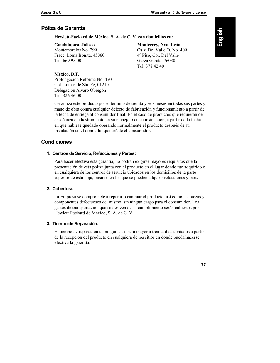 Póliza de garantía, México, d.f, Condiciones | HP Netserver L Server series User Manual | Page 83 / 112