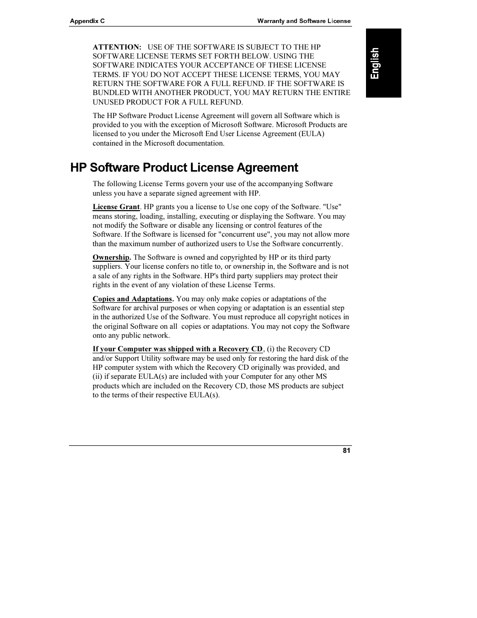 Hp software product license agreement | HP Netserver L Server series User Manual | Page 87 / 112