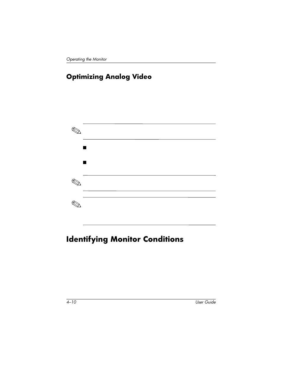 Optimizing analog video, Identifying monitor conditions, Optimizing analog video –10 | Identifying monitor conditions –10 | HP L1940T 19-inch LCD Monitor User Manual | Page 36 / 58