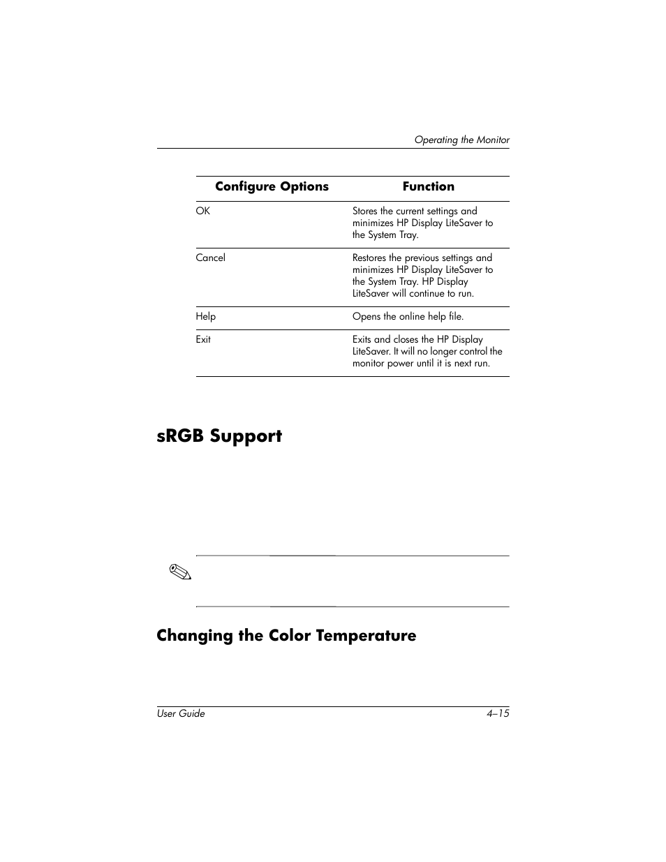 Srgb support, Changing the color temperature, Srgb support –15 | Changing the color temperature –15 | HP L1940T 19-inch LCD Monitor User Manual | Page 41 / 58