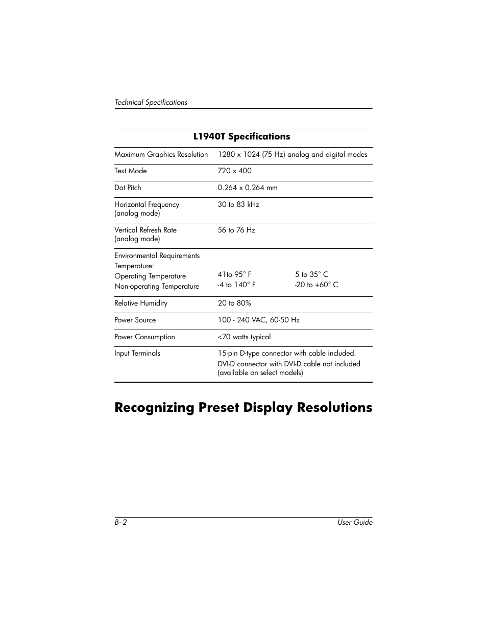 Recognizing preset display resolutions | HP L1940T 19-inch LCD Monitor User Manual | Page 48 / 58